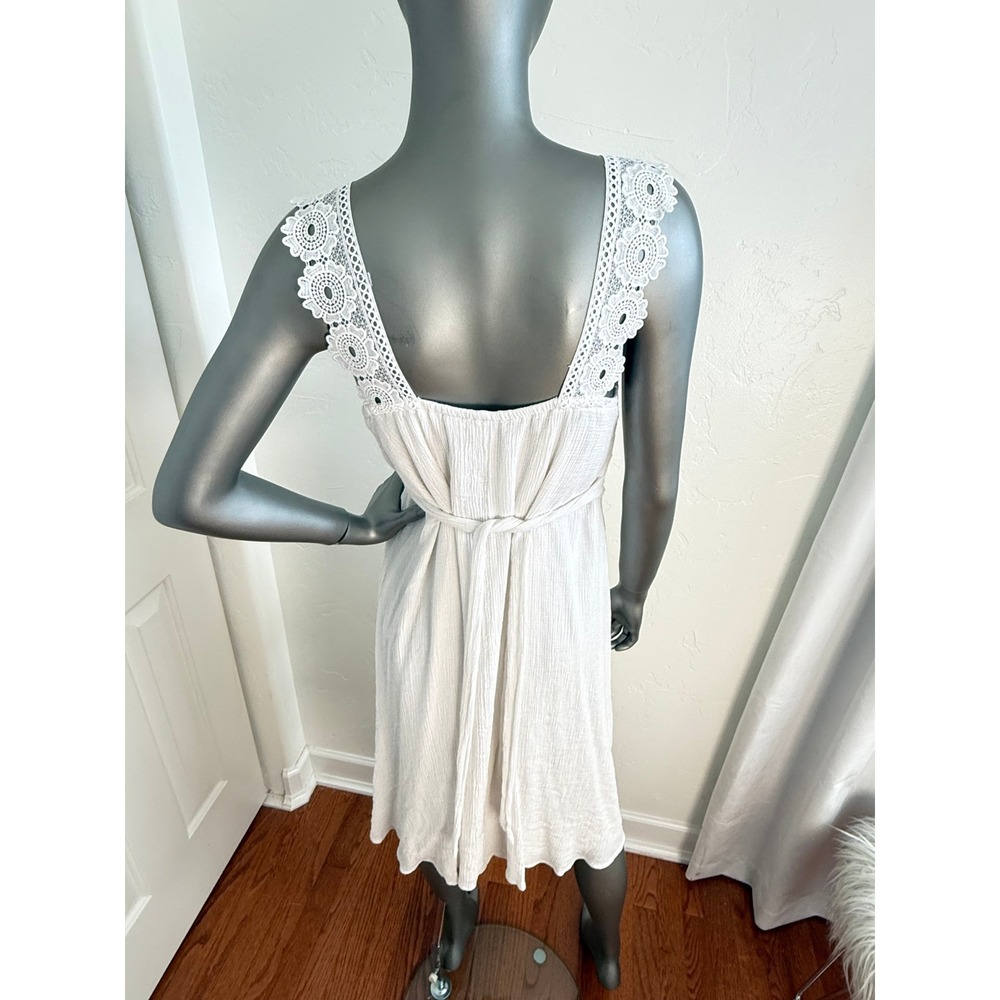 Angie White Lace Trim Square Neck Sleeveless Bohemian Gauze Midi Sundress Dress - Picture 5 of 6